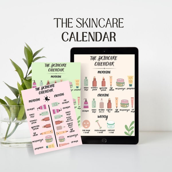 Skincare Routine Calendar Printable Digital Steps Self-Care, Colorful