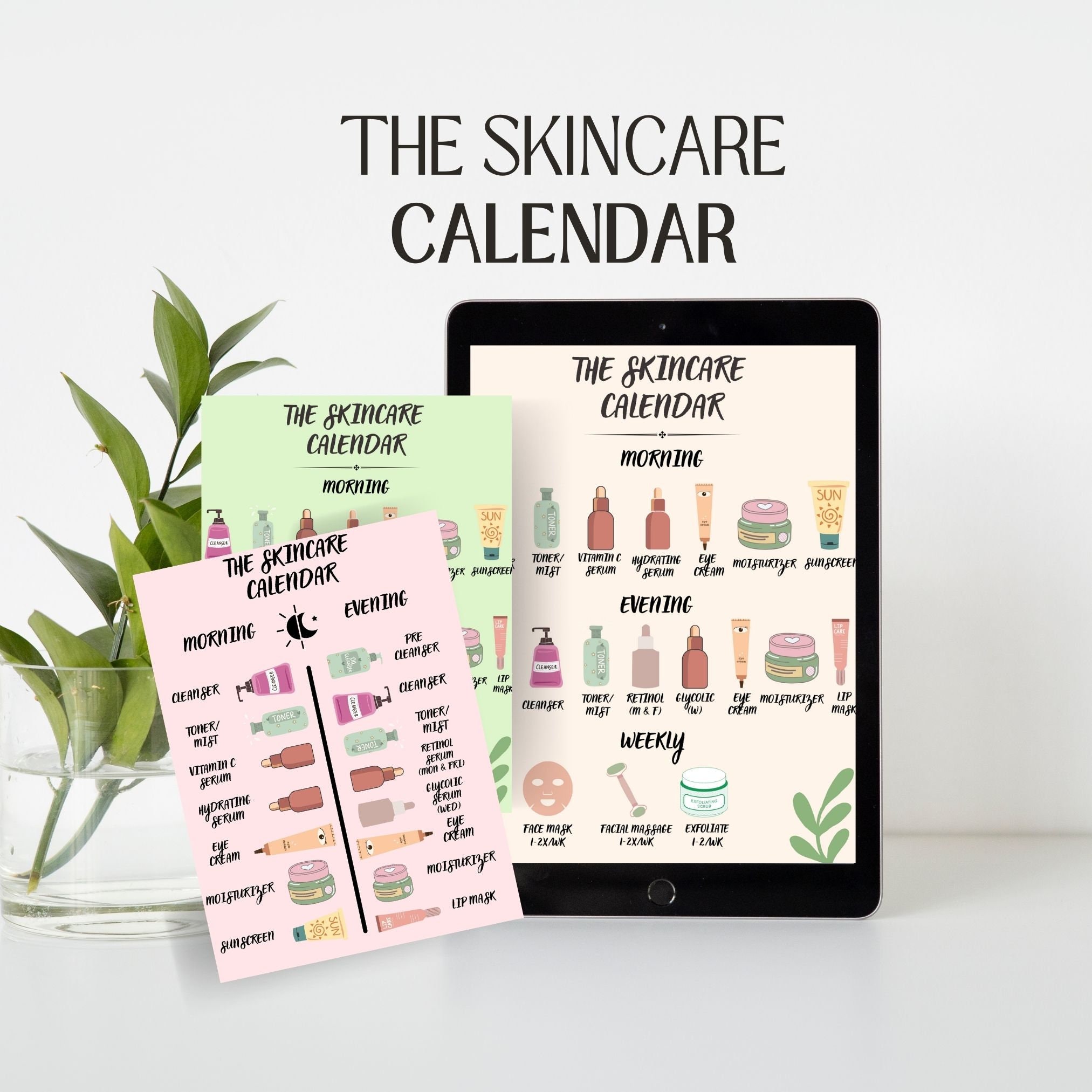 Skincare Routine Calendar Printable Digital Steps Self care Colorful