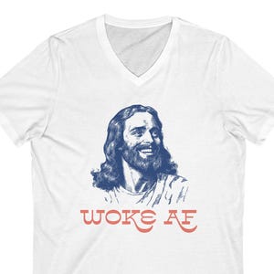 Jesus erwachte AF Unisex T-Shirt mit V-Ausschnitt, großzügiger Jesus, positiver Jesus, barmherzig und freundlich, Jesus Illustration, spirituell