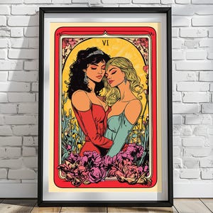 Lesbisch koppel tarotkaart (The Lovers) matte posters, LGBTQ Wall Art Print, Lesbian Pride Decor Print, lesbische tarotkunst, romantische kunst
