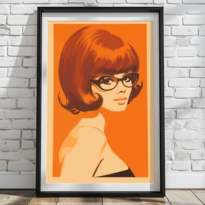 May include: A retro-style illustration of a woman with short, red hair wearing large, black-rimmed glasses. The background is a solid orange color.