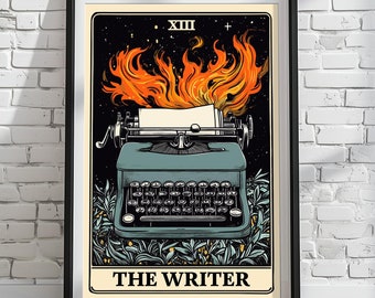 The Writer - Tarot Card Poster Print, Posters for Writers, Typewriter Flame Design, Wall Art Decor, Home Office Decoration