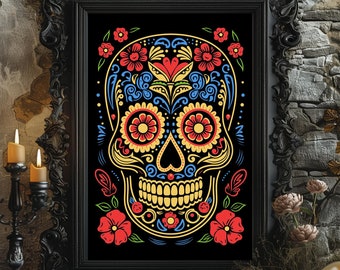 Hermosa impresión de ilustración de calavera de azúcar - Día de los Muertos