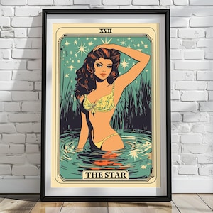 The Star Tarot Card Poster Print, illustratie van mooie vrouw in meer onder de nachtelijke hemel, grote arcana, mystieke illustratie Art Print