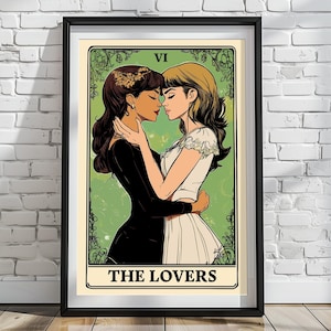 Posters mats de carte de tarot de couple lesbien (les amants), impression d'art mural LGBTQ, impression déco verticale fierté lesbienne, art vertical de tarot lesbien
