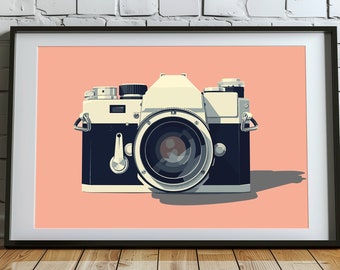 May include: A vintage-style camera with a black and white design, featuring a large lens and a silver body. The camera is set against a light pink background.