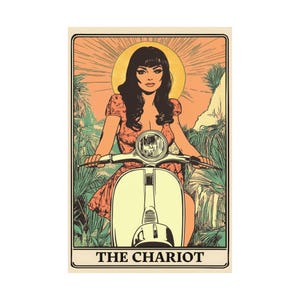 Posterprint moderne tarotmeisje op scooter - tarotkaart 'The Chariot' opnieuw ontworpen