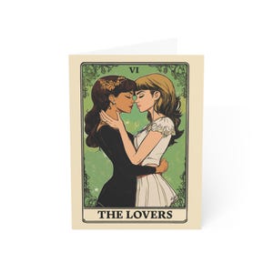 Lesbisch koppel wenskaart 5 x 7 - tarotkaart ontwerp (The Lovers) verjaardag, bruiloft, Valentijnsdag, relatiekaart, LGBT