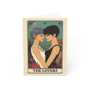 Lesbisch koppel wenskaart 5 x 7 - tarotkaart ontwerp (The Lovers) verjaardag, bruiloft, Valentijnsdag, relatiekaart, LGBT (versie 3)