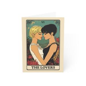 Lesbisch koppel wenskaart 5 x 7 - tarotkaart ontwerp (The Lovers) verjaardag, bruiloft, Valentijnsdag, relatiekaart, LGBT (versie 2)