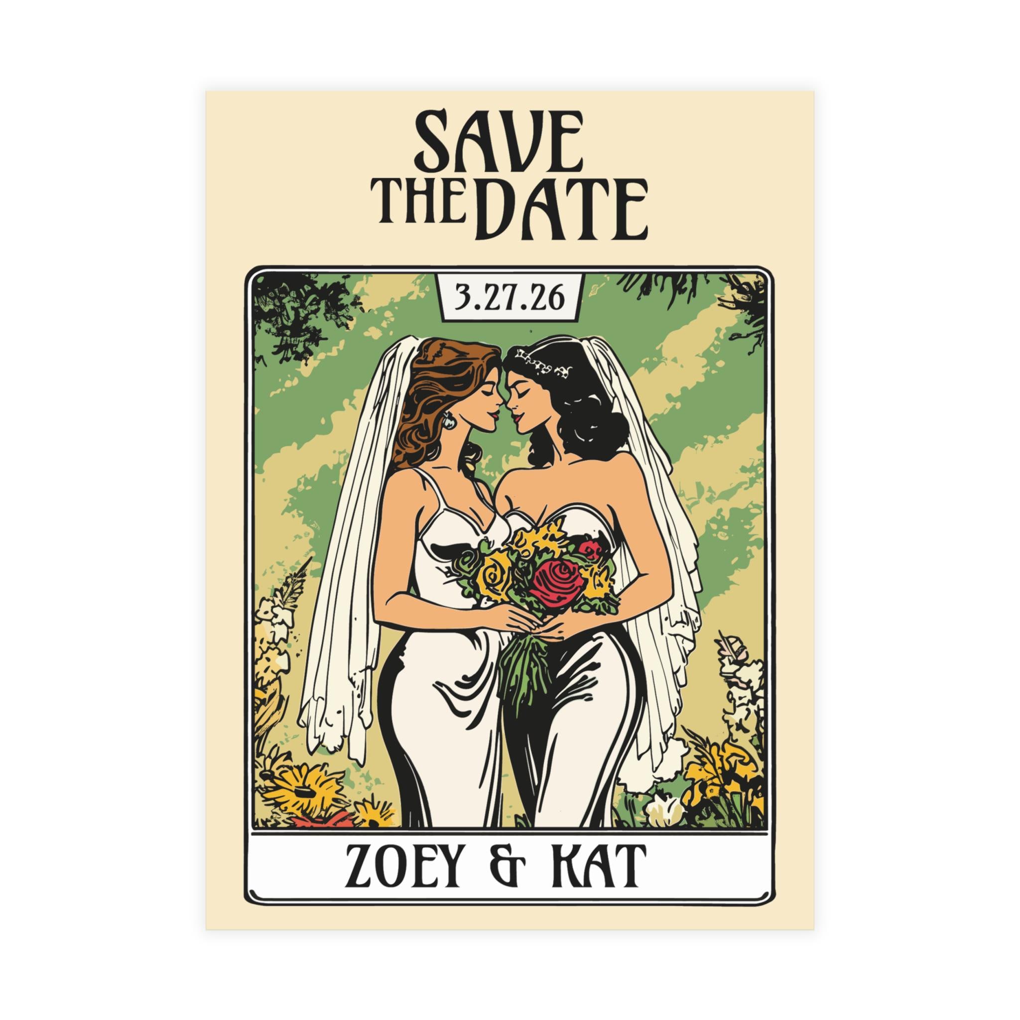 Lesbian Couple Save The Date Postcards 5x7 - Tarot Card Design, Wedding Card, LGBT, Wedding Ceremony Announcement, Unique Save The Date Card