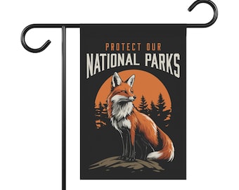 Bandera de jardín "Protejamos nuestros parques nacionales" con diseño de zorros. Bandera para proteger la vida silvestre, decoración ecológica, decoración para exteriores, regalo para amantes de la naturaleza.