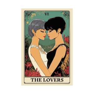 Pósteres mate de cartas del tarot de pareja de lesbianas (Los amantes), impresión de arte de pared LGBTQ, impresión de decoración vertical del orgullo lésbico, arte vertical del tarot lésbico