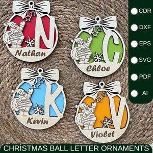 Adornos de letras de bolas navideñas, adorno con nombre personalizado, adorno de Papá Noel en formato SVG, alfabeto navideño, archivo de corte láser de adornos navideños, DXF