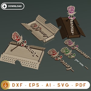 Gepersonaliseerde rozencadeau, doosstandaard, lasergesneden bestand, met opklapbaar deksel, gepersonaliseerd bloemencadeau, twee gelaagde bloemen lasergesneden, SVG, DXF