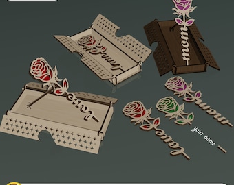 Personalized Rose Gift, Box Stand, Laser Cut File, With Flip Up Lid Box, Personalized Flowers Gift, Two Layared Flowers Laser Cut, SVG, DXF