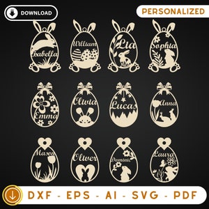 File di taglio laser per ornamenti pasquali personalizzati, 12 design diversi, ornamento pasquale con nome personalizzato, decorazione personalizzata, regalo di Pasqua, SVG