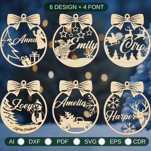 Paquete de adornos navideños personalizados SVG, juego de adornos para árboles de Navidad, adornos colgantes, corte láser de Año Nuevo, descarga digital