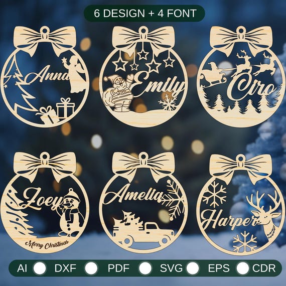 Personalized Christmas Ornament Bundle SVG, Christmas Tree Decorations Set, Hanging Bauble Ornament, New Year Laser Cut, Digital Download