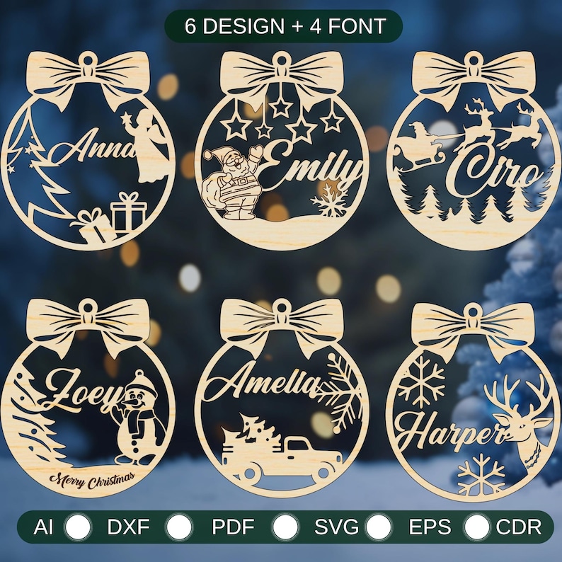 K&ouml;nnte beinhalten: Sechs verschiedene Designs f&uuml;r Weihnachtsbaumschmuck aus Holz, jedes mit einem anderen festlichen Thema und Platz f&uuml;r einen Namen. Die Designs beinhalten einen Schneemann, einen Weihnachtsbaum, den Weihnachtsmann, ein Rentier, einen LKW mit einem Weihnachtsbaum und einen Schlitten mit Rentieren. Der Schmuck ist alle in einer hellen Holzfarbe und hat eine Schleife oben.