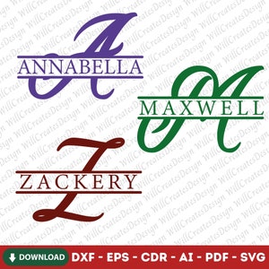 Könnte beinhalten: Drei Monogramme mit den Namen Annabella, Maxwell und Zackery. Die Buchstaben sind in einer kursiven Schriftart und in Lila, Grün und Rotbraun.