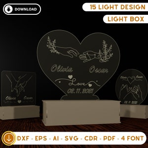 Luz noturna personalizada, caixa de corte a laser, corte a laser acrílico 15 designs diferentes, presente de dia dos namorados, corte a laser SVG, presente romântico para casal