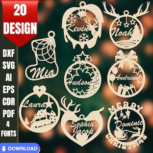 Addobbi natalizi Palle di Natale personalizzate Decorazioni per alberi SVG Bundle Ornamento con nome personalizzato SVG Ornamento per la famiglia tagliato al laser SVG Digitale