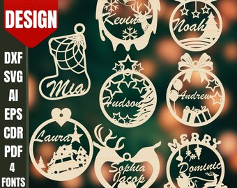 Weihnachtsschmuck Personalisierte Weihnachtskugeln Baumschmuck SVG Bundle Benutzerdefinierte Name Ornament SVG Laser Cut Familie Ornament SVG Digital
