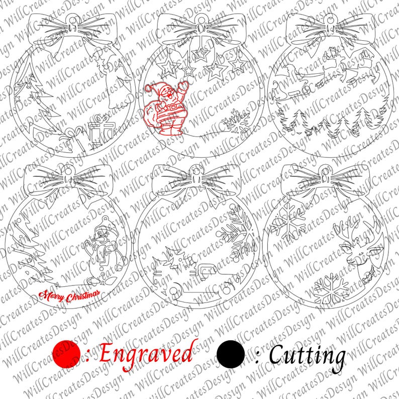 K&ouml;nnte beinhalten: Vier Schwarzwei&szlig;-Linienzeichnungen von Weihnachtskugeln mit verschiedenen Designs. Die Kugeln sind oben mit einer Schleife verziert. Die Designs beinhalten einen Schneemann, ein Rentier, einen Weihnachtsmann und einen Weihnachtsbaum. Der Text "Frohe Weihnachten" steht auf der Kugel mit dem Schneemann. Die Texte "Graviert" und "Schneiden" stehen unter den Kugeln.