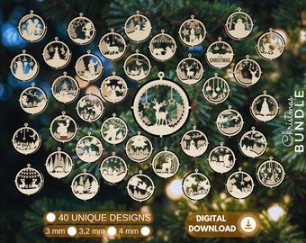 3D Christmas Ornament Bundle SVG, Christmas Tree Decorations Set, Hanging Bauble Ornament, New Year Laser Cut, Digital Download, Glowforge