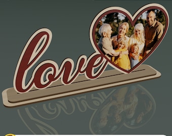 Cadre photo coeur d'amour découpé au laser, cadeau de famille, texte d'amour debout avec cadre photo en forme de coeur cadeau Saint-Valentin, anniversaire numérique, DXF, SVG