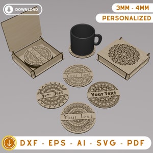 Set di sottobicchieri personalizzati File di taglio laser, 4 diversi design di sottobicchieri, Set di sottobicchieri in legno personalizzati, Sottobicchieri SVG, File di taglio laser personalizzati DXF