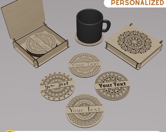 Personalized Coaster Set Laser Cut File, 4 Different Coaster Design, Custom Wood Coaster Set, Coaster SVG, Personalized Laser Cut Files DXF
