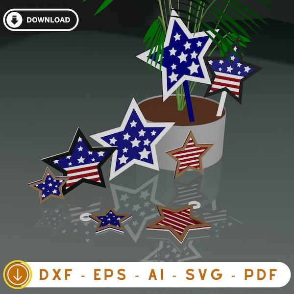 4th of July Stars Laser Cut File, Star Flower Pot Ornament, Hanging Ornament, Table Ornament Patriotic Laser Designs,American Flag Stars SVG