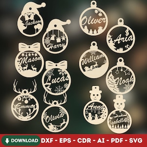 Personalisierte Weihnachtsverzierung, Laser geschnittene Datei, 12 verschiedene Desıgn-Verzierung, benutzerdefinierte Namensverzierung, Weihnachtsname Glowforge Verzierung, Geschenk