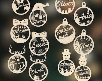 Décoration de Noël personnalisée, Fichier découpé au laser, 12 décorations différentes, Prénom personnalisé, Décoration de Noël Glowforge, Cadeau