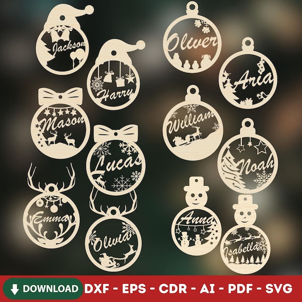 Personalized Christmas Ornament, Laser Cut Fİle, 12 Different Desıgn Ornament, Custom Name Ornament, Christmas Name Glowforge Ornament, Gift