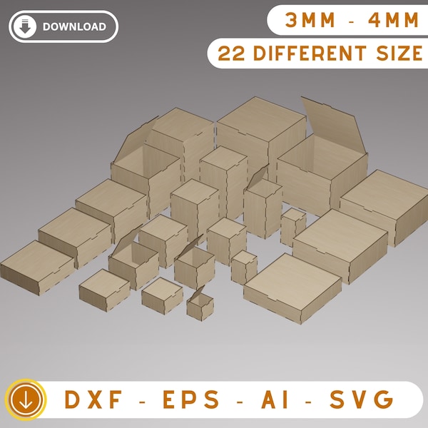 Boîte de 22 tailles différentes découpées au laser, avec couvercle rabattable, boîte de rangement, 2 épaisseurs de matériau différentes, lot de fichiers Svg découpés au laser, vecteurs découpés au laser
