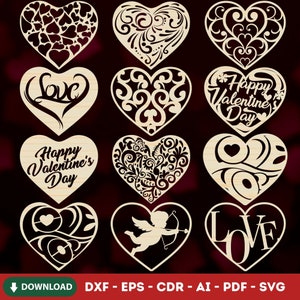 Coeurs Saint-Valentin découpé au laser, 12 modèles différents, fichier découpé au laser, fichier découpé au laser pour la Saint-Valentin, cadeau Saint-Valentin, fichier SVG coeur