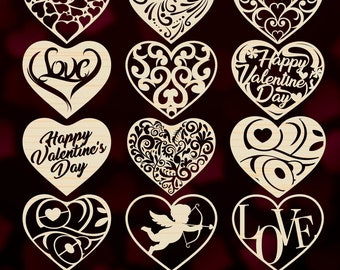 Hearts Valentine's Day Laser Cut, 12 Different Design ,Laser Cut File, Valentine's Day Laser Cut File, Valentines Gift, Heart SVG File