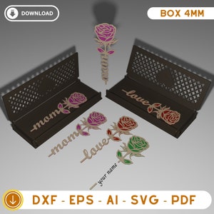 Bloemencadeau lasergesneden Svg-bestanden, lasergesneden geschenkdoos en bloem, vectorbestanden voor lasersnijden, Valentijnsdagcadeau, cadeau voor moeder