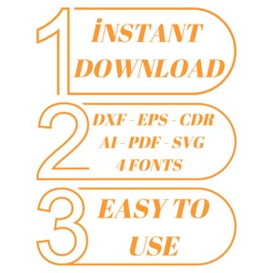 K&ouml;nnte beinhalten: Orangefarbene nummerierte Liste mit drei Schritten zum Herunterladen und Verwenden einer digitalen Design-Datei. Schritt 1: Sofortiger Download. Schritt 2: DXF-EPS-CDR AI-PDF-SVG 4 Schriftarten. Schritt 3: Einfach zu bedienen.