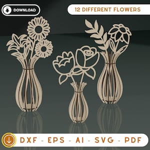 Vaso e 12x arquivos de corte a laser SVG de flores silvestres, buquê de flores silvestres, flores de madeira, vaso de madeira, pacote SVG de flores silvestres, buquê de flores silvestres DXF