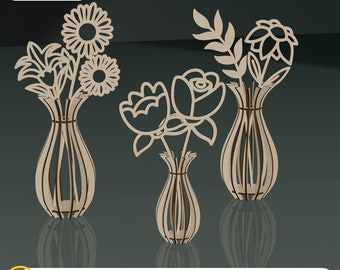 Vase and 12x Wildflower SVG Laser Cut Files, Wildflowers Bouquet, Wood Flowers, Wood Vase, Wildflowers SVG Bundle, Wild Flowers Bouquet DXF