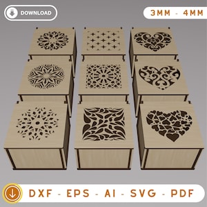 Con caja de tapa abatible, 9 archivos de corte láser de caja de patrón diferente, cajas de regalo, caja de madera, caja de joyería, corte por láser, archivos SVG, archivo Glowforge