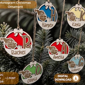 Ornamento natalizio monogramma, ornamento natalizio personalizzato, palla di Natale monogramma, palline di Natale svg, ornamento di Babbo Natale, SVG tagliato al laser