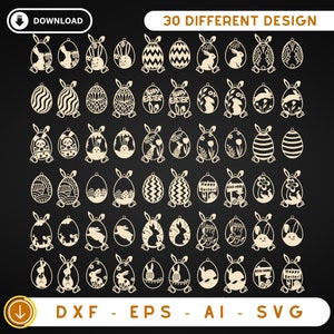 30 pakiet plików wycinanych laserowo ozdoba wielkanocna, ozdoby króliczka SVG, pliki Wielkanoc wycinane laserowo SVG, wieszak wielkanocny SVG, DXF, EPS, AI zdjęcie 1