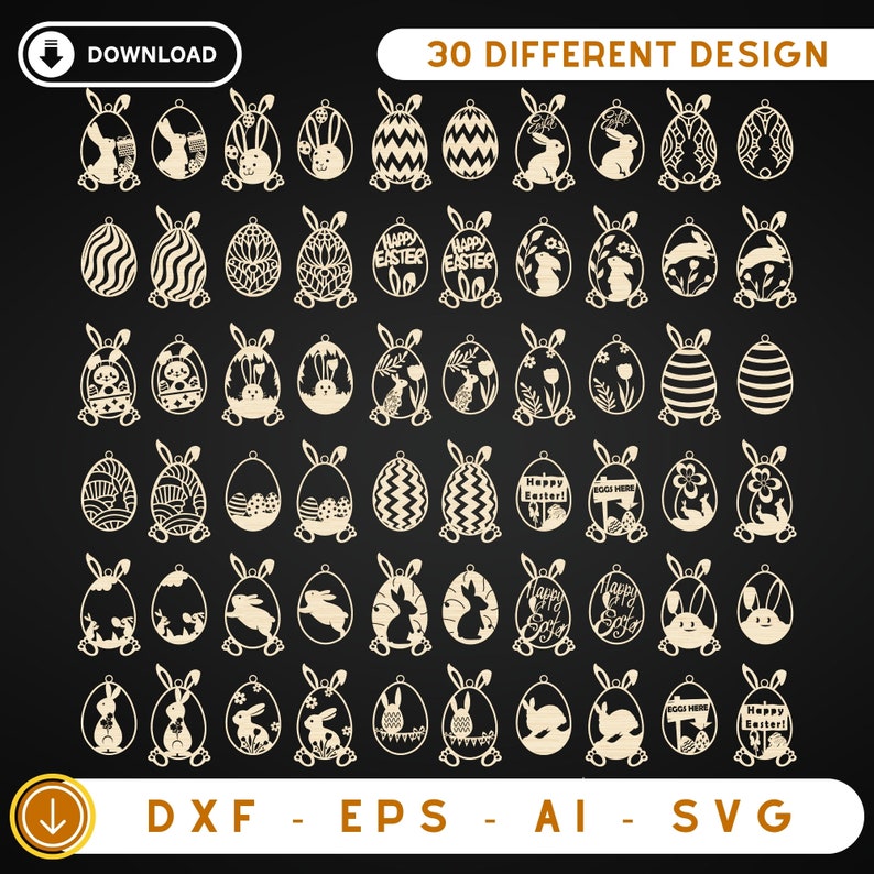 Lot de 30 fichiers découpés au Laser ornement de Pâques, lapin ornements Svg, fichiers svg Pâques découpés au Laser, cintre de Pâques svg, dxf, eps, ai image 1