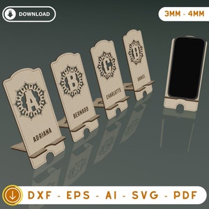File di taglio laser per supporto per telefono personalizzato, supporto per telefono con alfabeto dalla A alla Z, supporto per telefono in legno, supporto per telefono con 26 lettere, supporto per telefono SVG