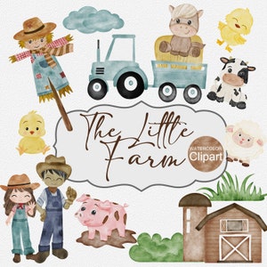 Little Farm Watercolor Clip Art, Animals Baby Shower, Farm watercolor clipart, Cute Farm Clipart, Farm Animals Watercolor Digital Clipart.